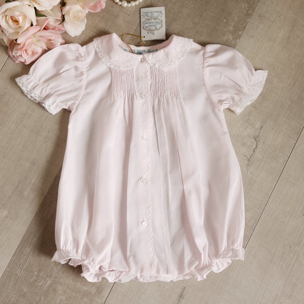 GORGEOUS Feltman Brothers Pink Romper Bubble Heirloom Lace Embroidery NWT